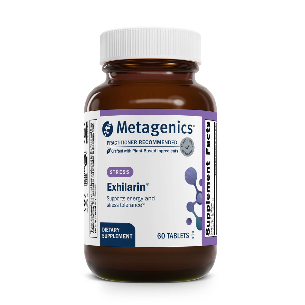Metagenics Exhilarin bottle front promoting daily energy support and stress resilience.
