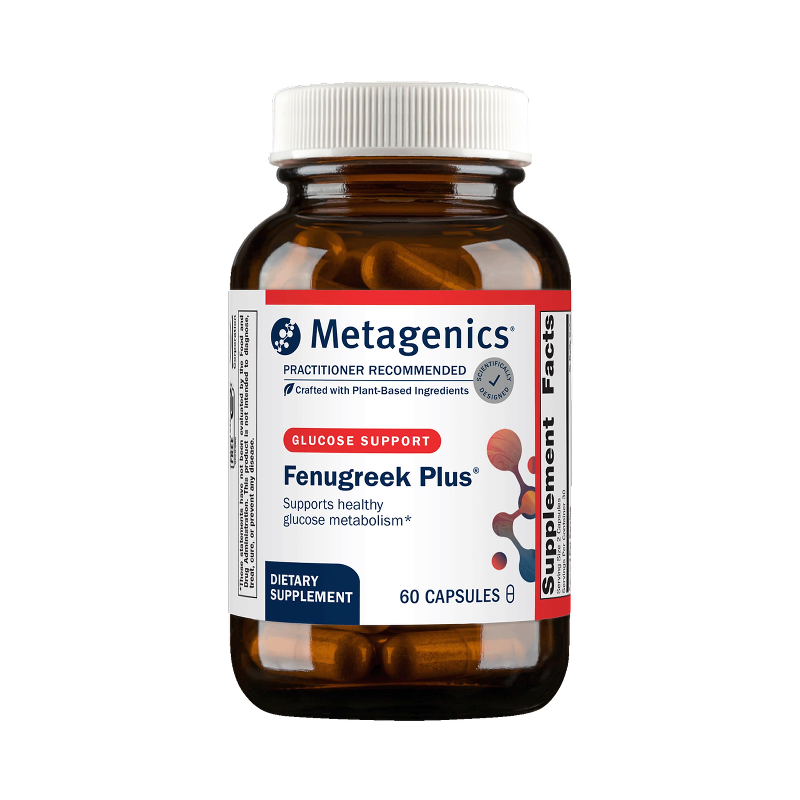 Metagenics Fenugreek Plus bottle front, vegetarian non-GMO supplement for metabolism support.
