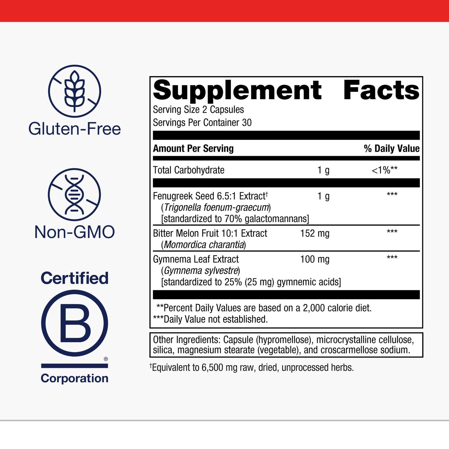 Metagenics Fenugreek Plus nutrition facts area highlights standardized fenugreek extract.