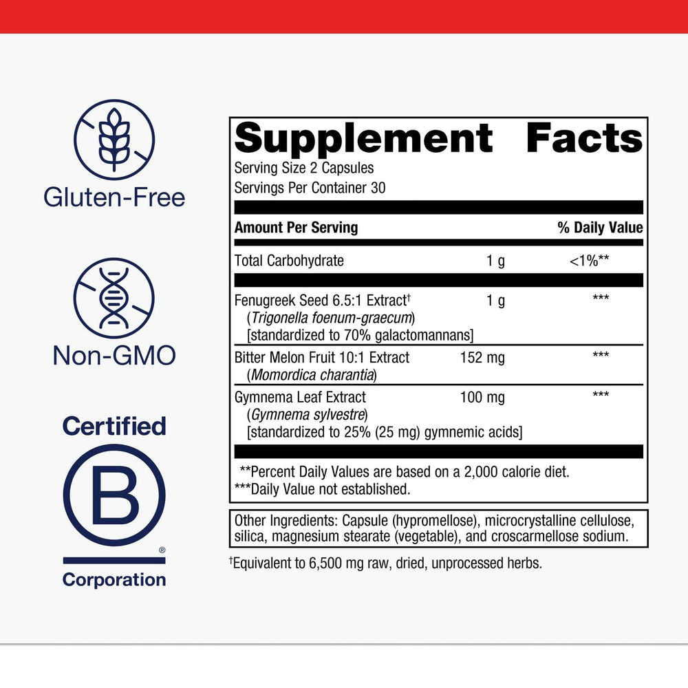Metagenics Fenugreek Plus nutrition facts area highlights standardized fenugreek extract.