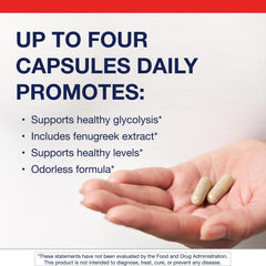 Metagenics Fenugreek Plus capsules shown, convenient twice-daily dose before meals.