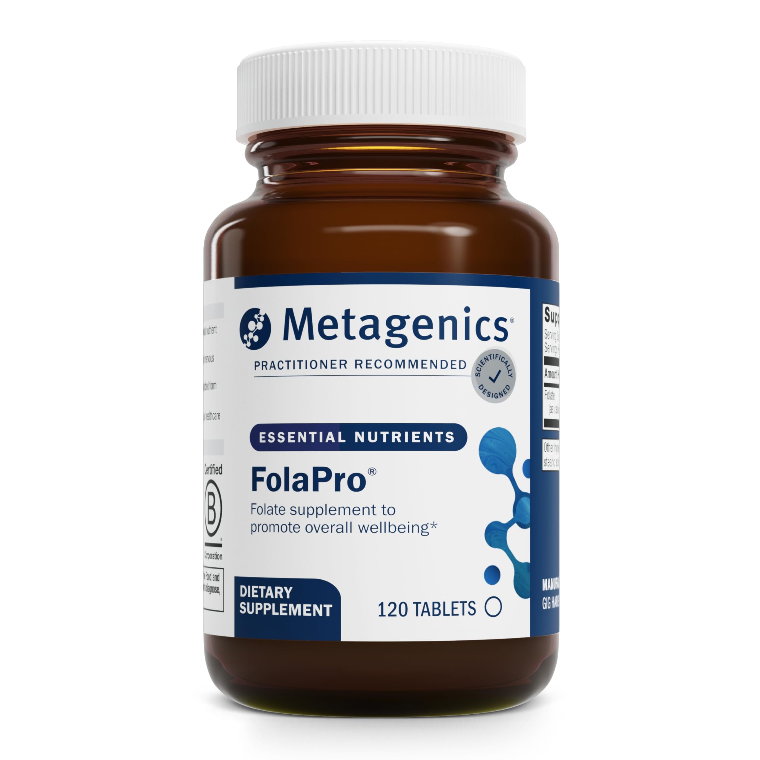 Metagenics FolaPro bottle front shows L-5-MTHF formulation for daily methylation support