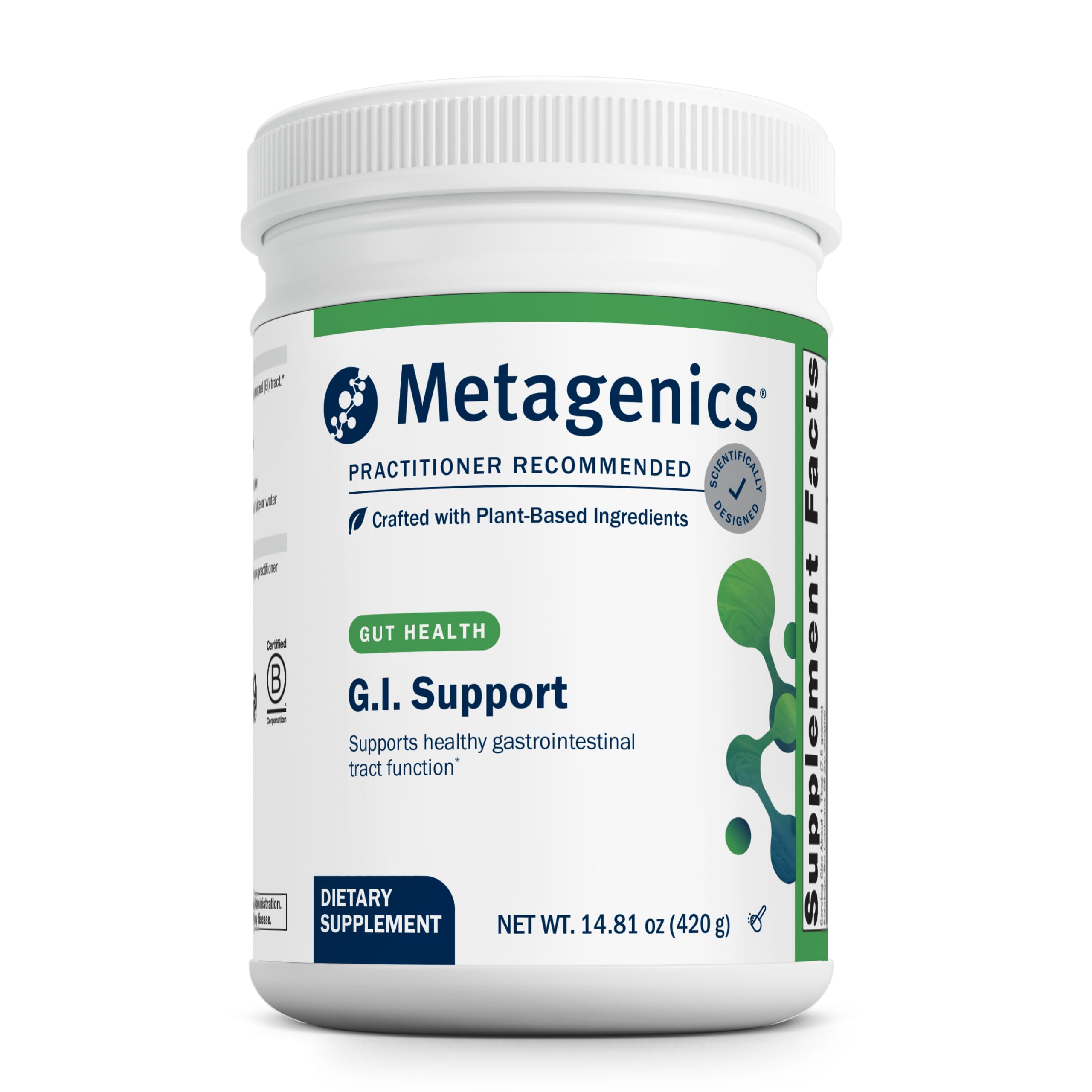 Metagenics G.I. Support powder tub close-up for digestive comfort