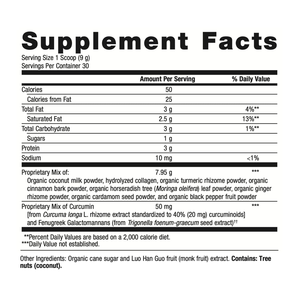 Metagenics curcumin powder scoop showing a 9 g serving.