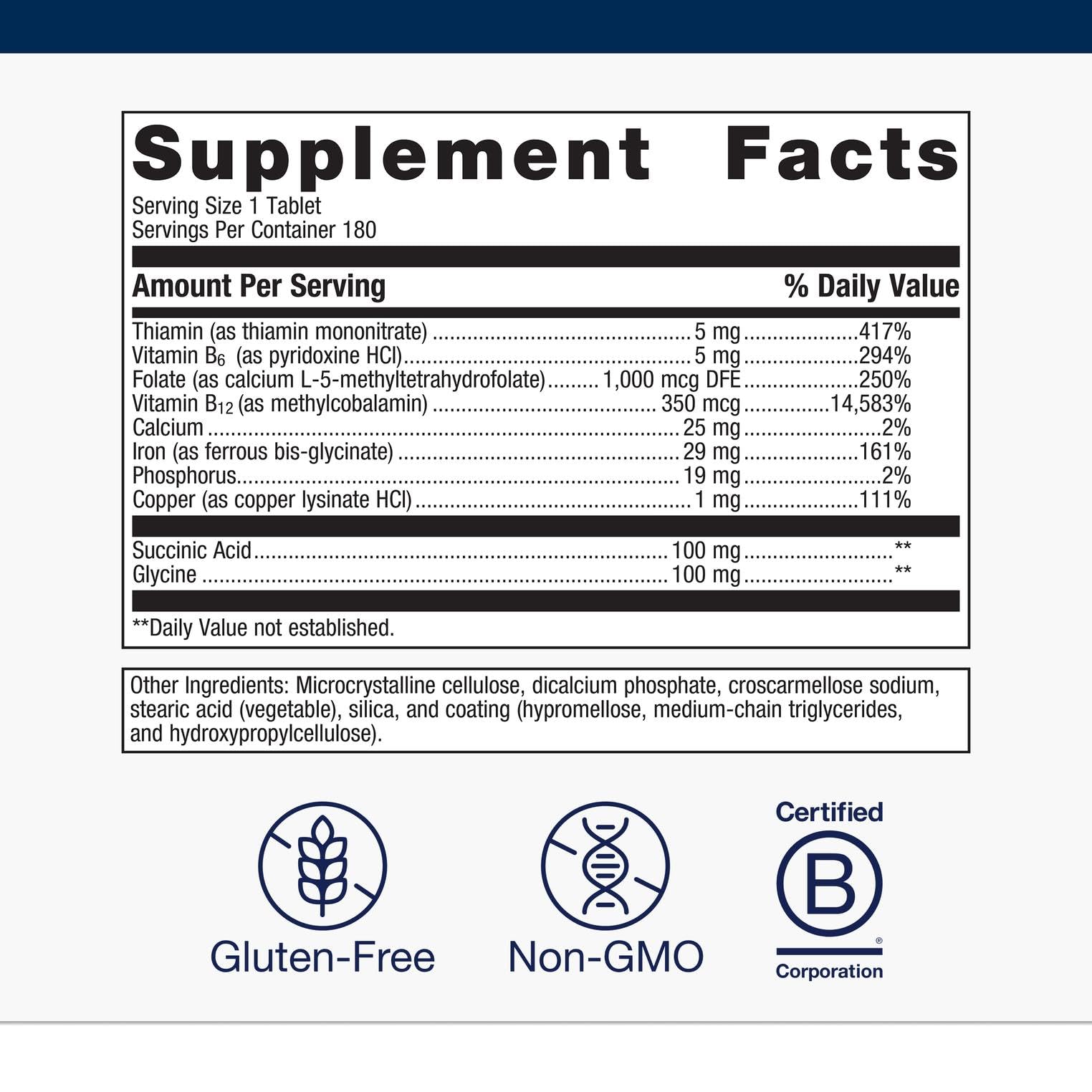 Close-up of Hemagenics bottle label noting non-GMO and gluten-free features