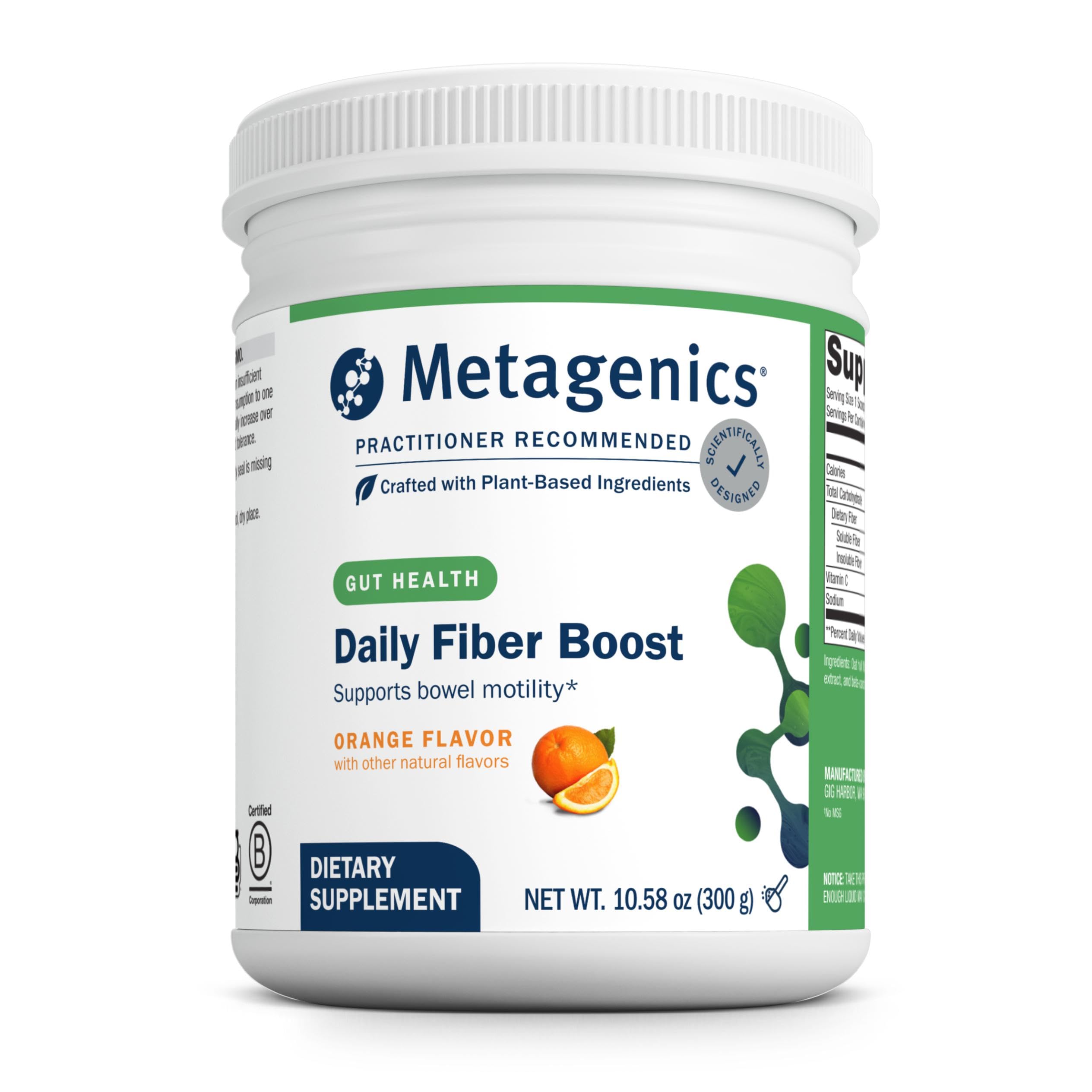 Metagenics Herbulk fiber powder jar with orange flavor for daily gut support.