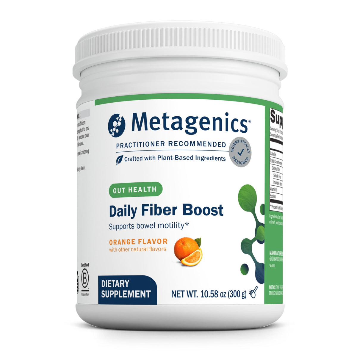 Metagenics Herbulk fiber powder jar with orange flavor for daily gut support.