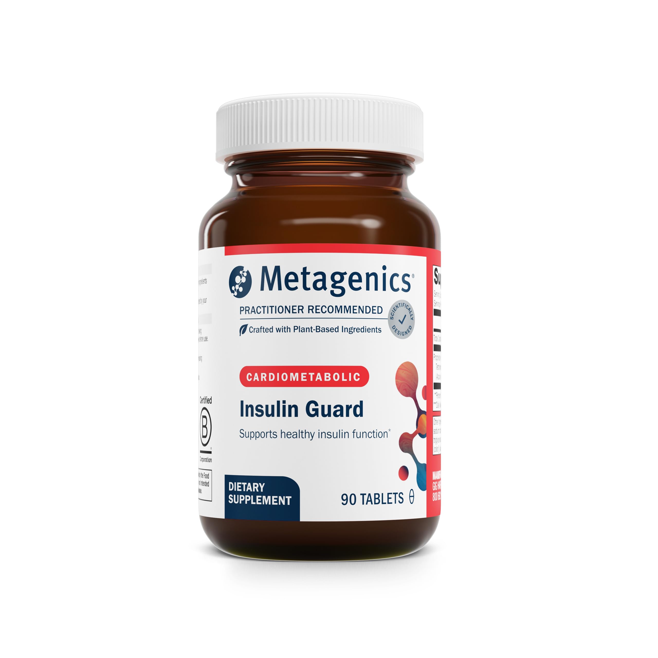 Metagenics Insulin Guard bottle displaying vegetarian, gluten-free formula for daily metabolic support