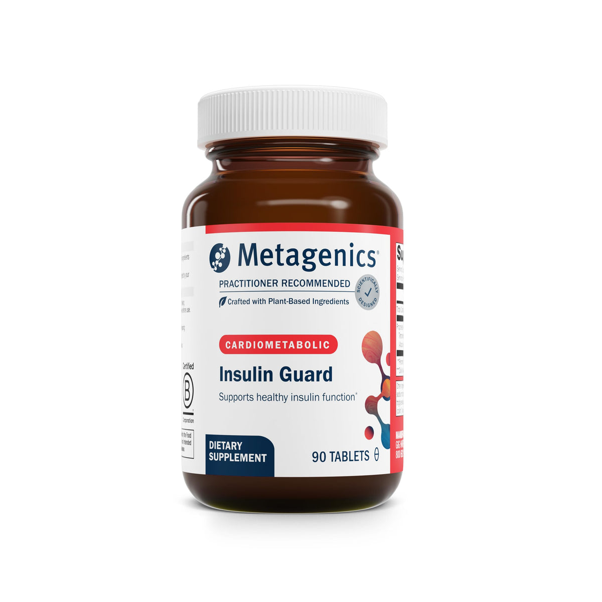 Metagenics Insulin Guard bottle displaying vegetarian, gluten-free formula for daily metabolic support