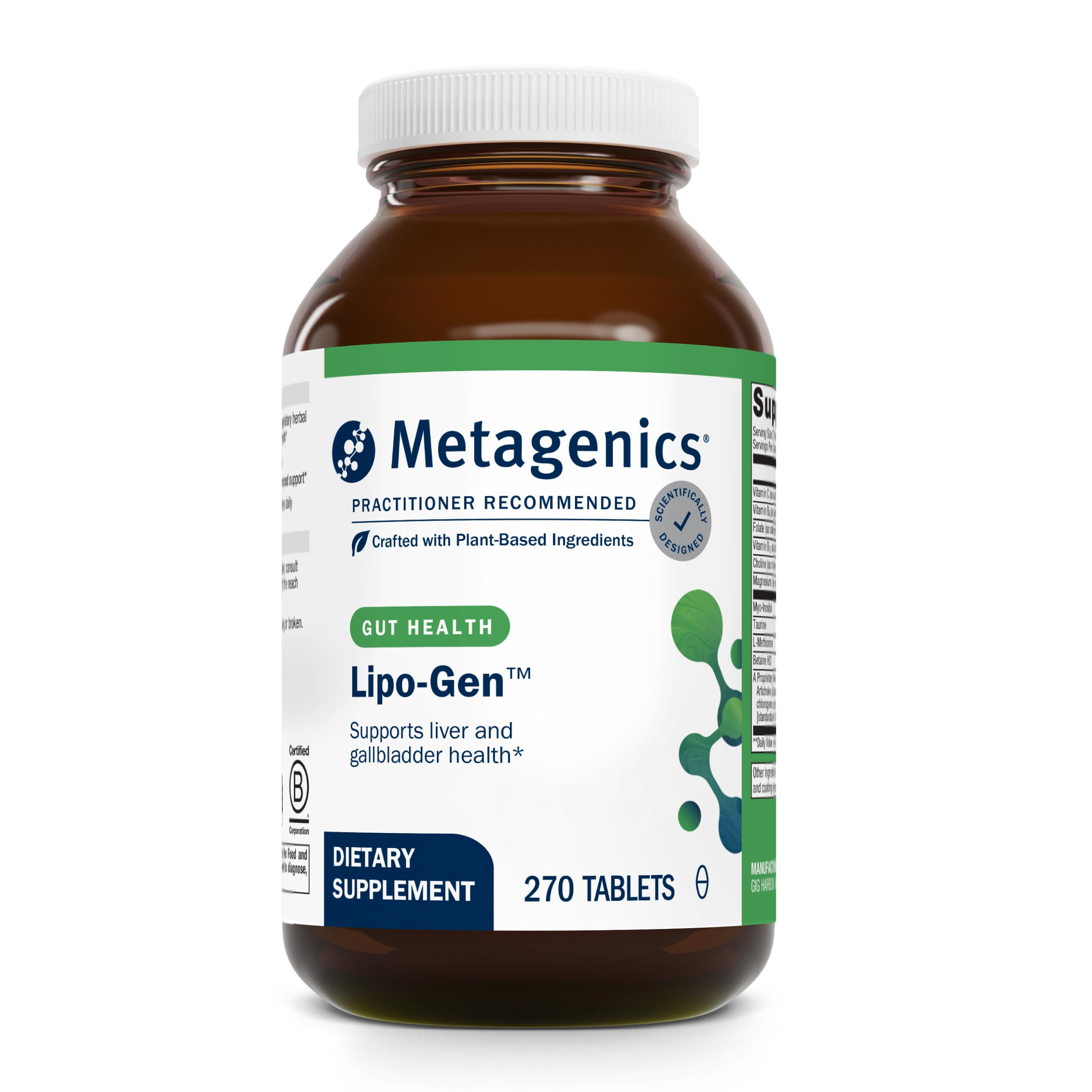 Metagenics Lipo-Gen bottle front highlights lipotropic liver support.