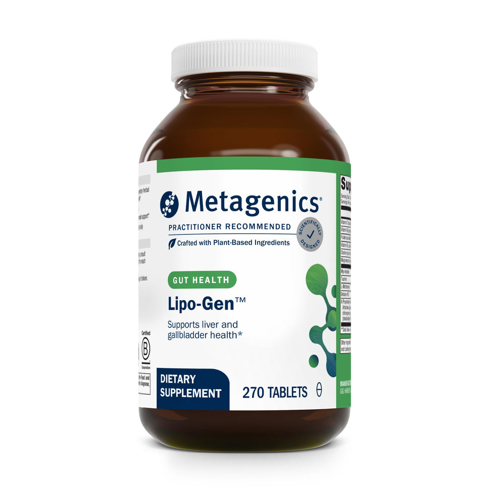 Metagenics Lipo-Gen bottle for fat metabolism support.