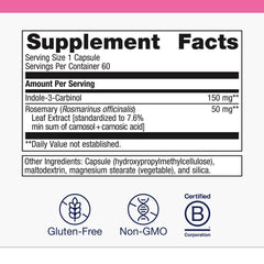 Metagenics Meta Indole-3-Carbinol bottle front displays label and vegan formula