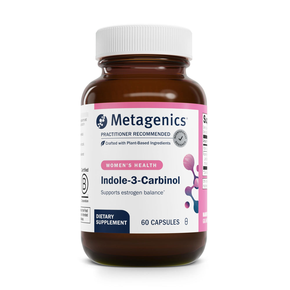 Metagenics Meta Indole-3-Carbinol capsules shown for daily hormone balance support