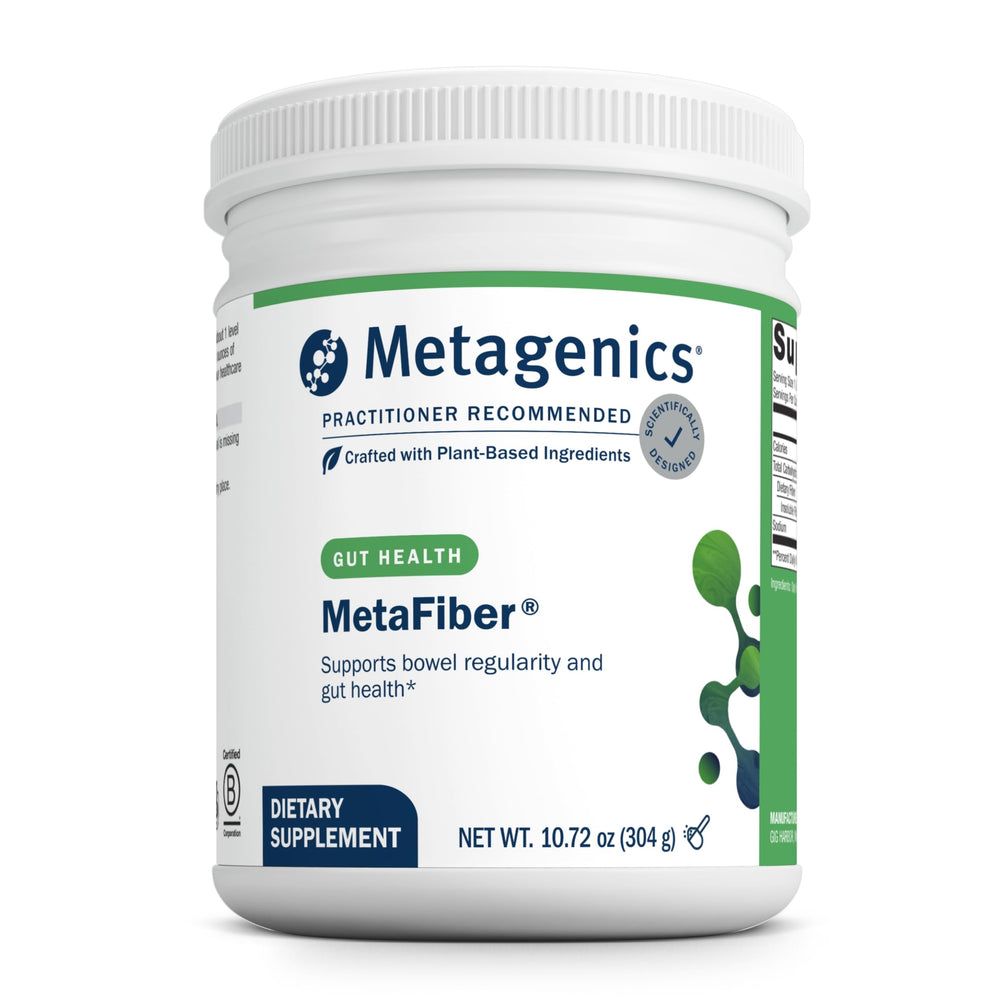 Metagenics MetaFiber bottle front, showcasing daily fiber support for GI regularity.
