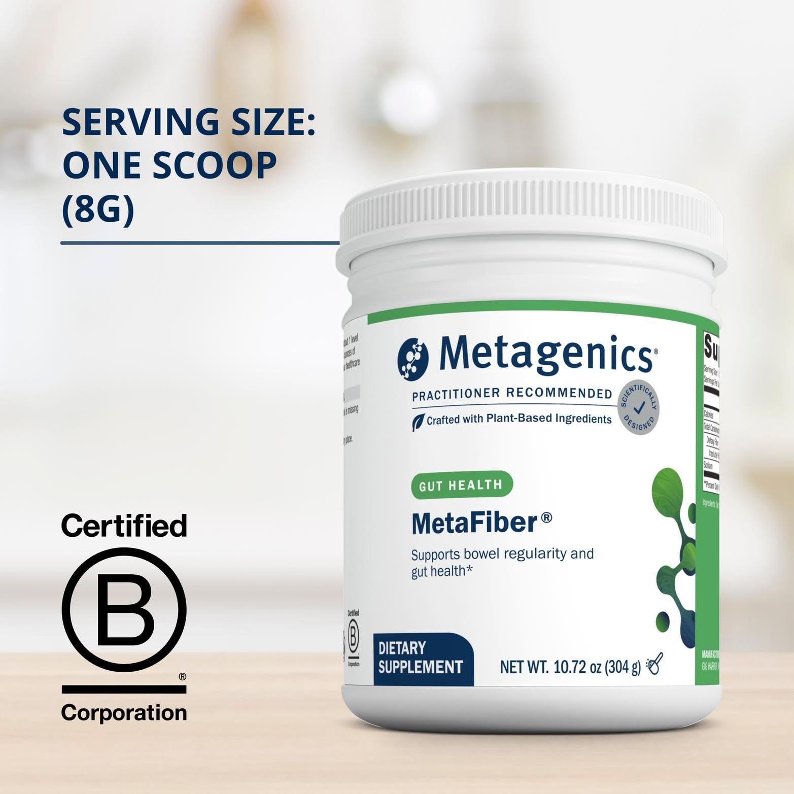 Metagenics MetaFiber label close-up showing gluten-free and non-GMO features.