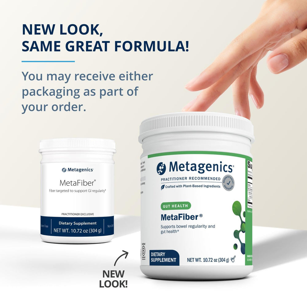 Metagenics MetaFiber powder poured into a glass of juice.