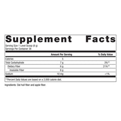 Metagenics MetaFiber scoop and dose, illustrating easy 6 g per serving fiber intake.