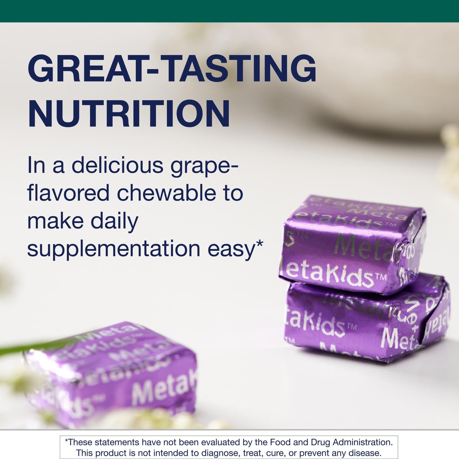 Textured chew close-up emphasizes appealing texture and taste in MetaKids soft vitamins.