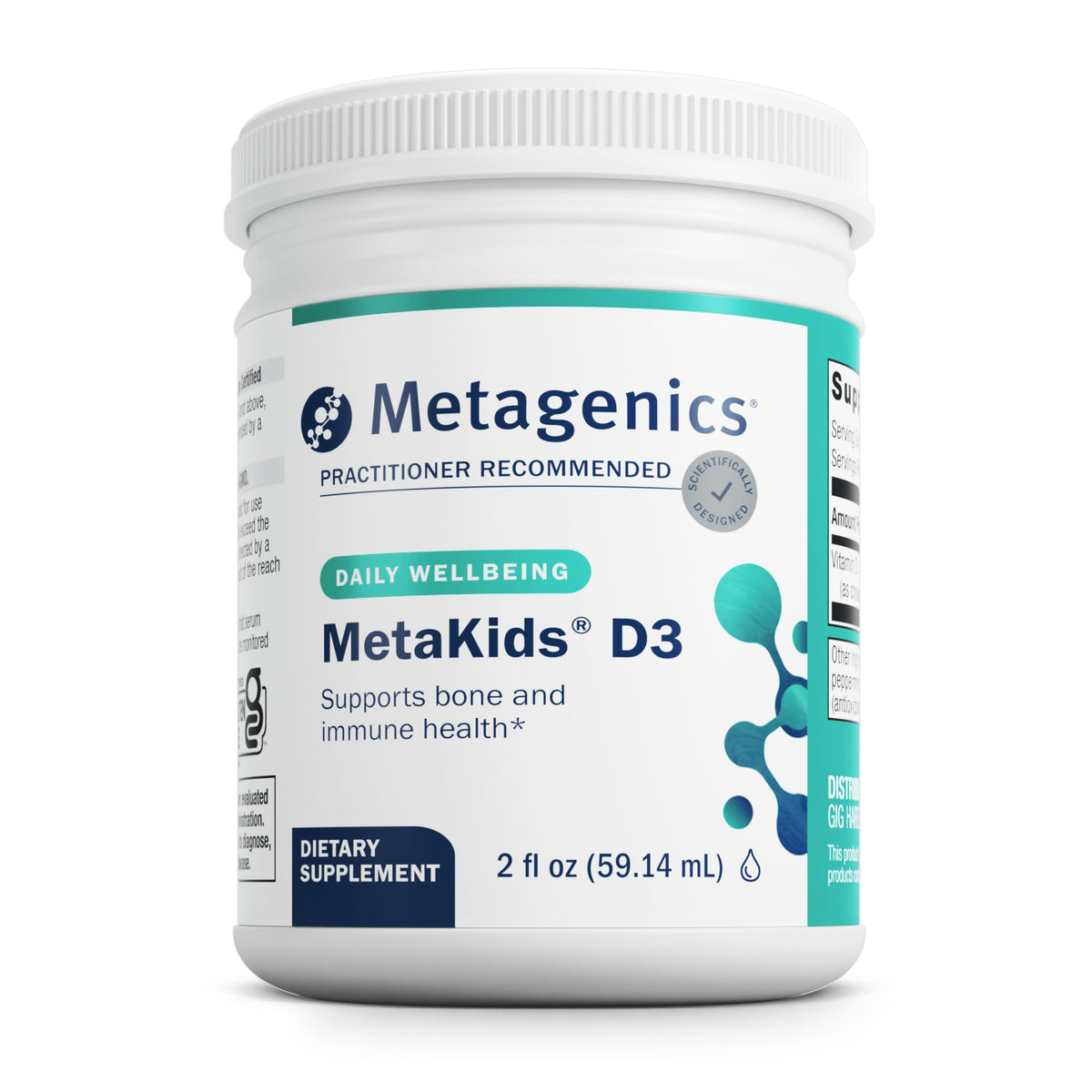Metagenics MetaKids D3 bottle 2 oz supports bone and teeth health for kids.