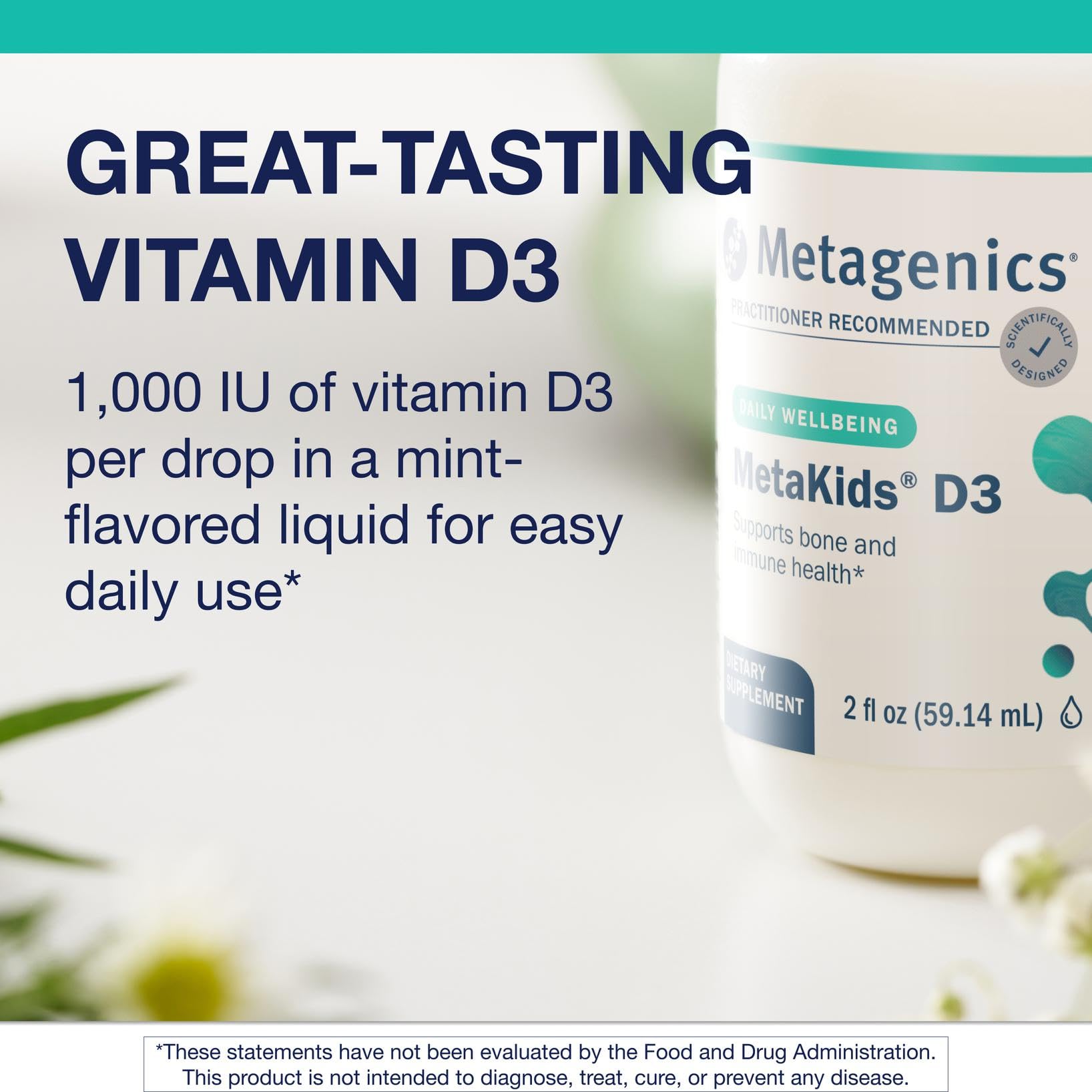 Metagenics MetaKids D3 with coconut and MCT oils for smooth absorption.