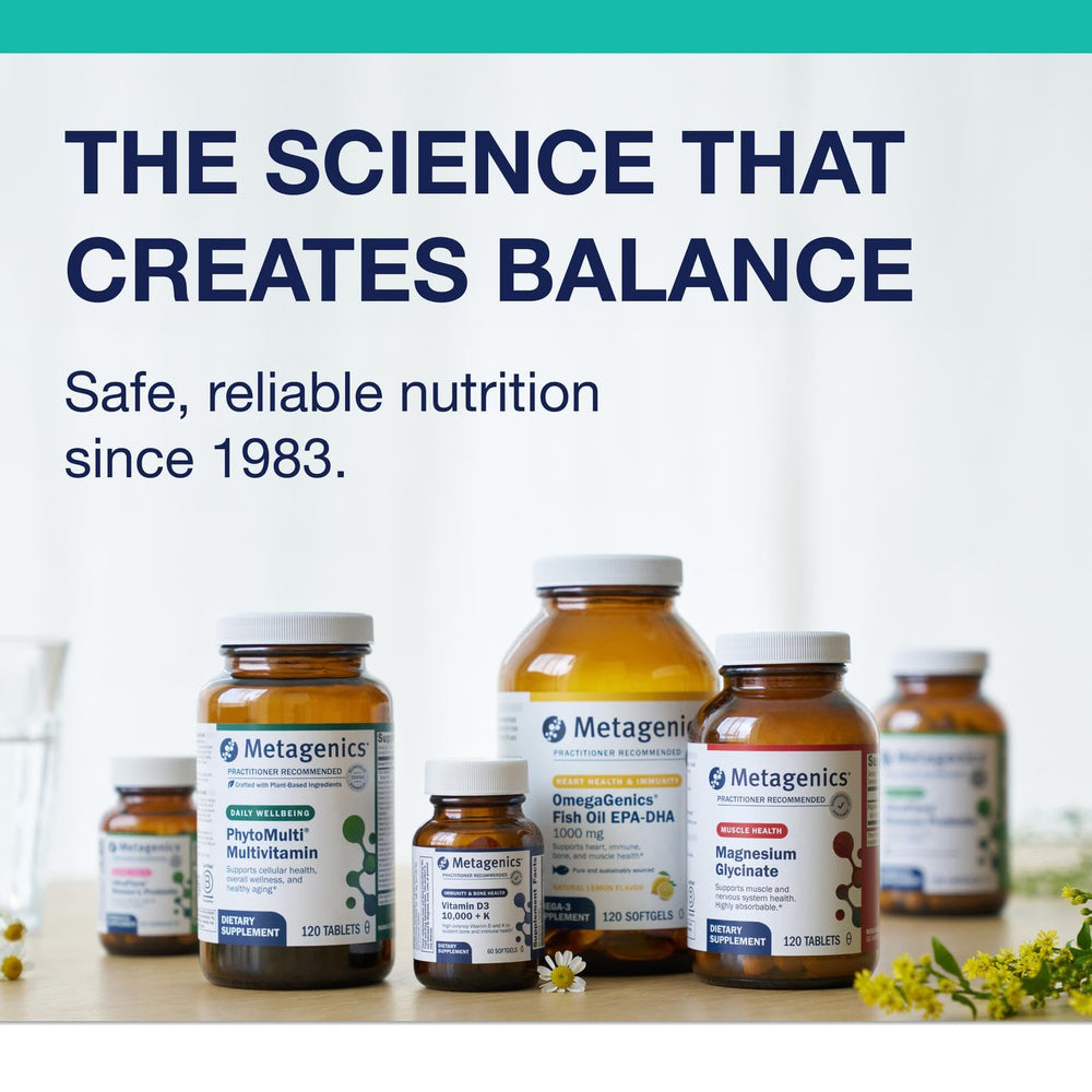 Metagenics MetaKids D3 bottle designed for ages 4+ to support growth and wellness.