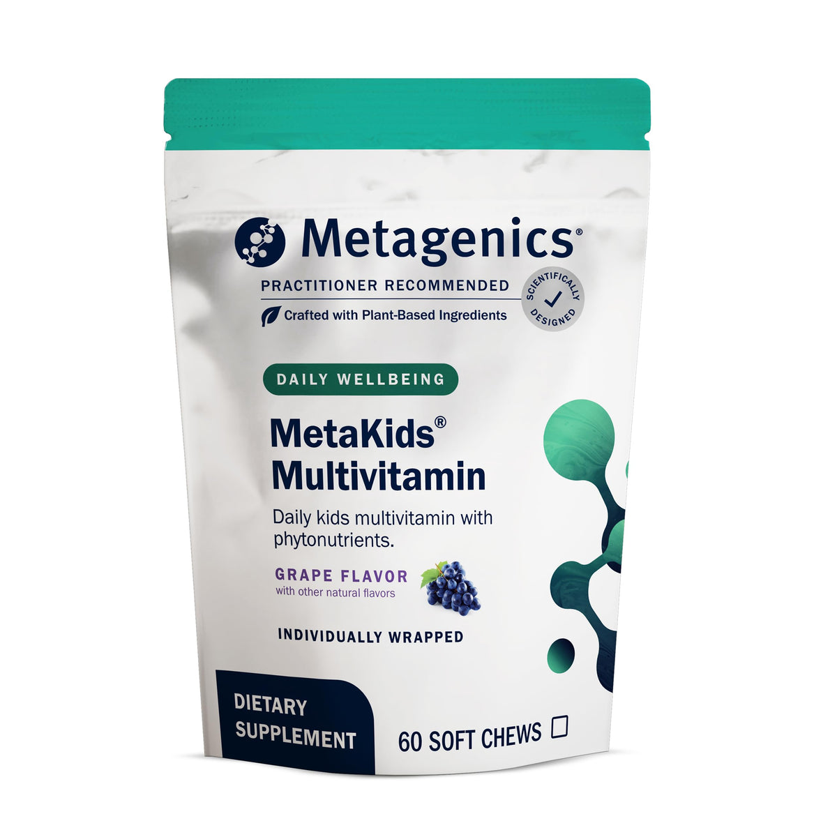 Metagenics MetaKids soft chews grape bottle shown for daily kid nutrition and growth support.