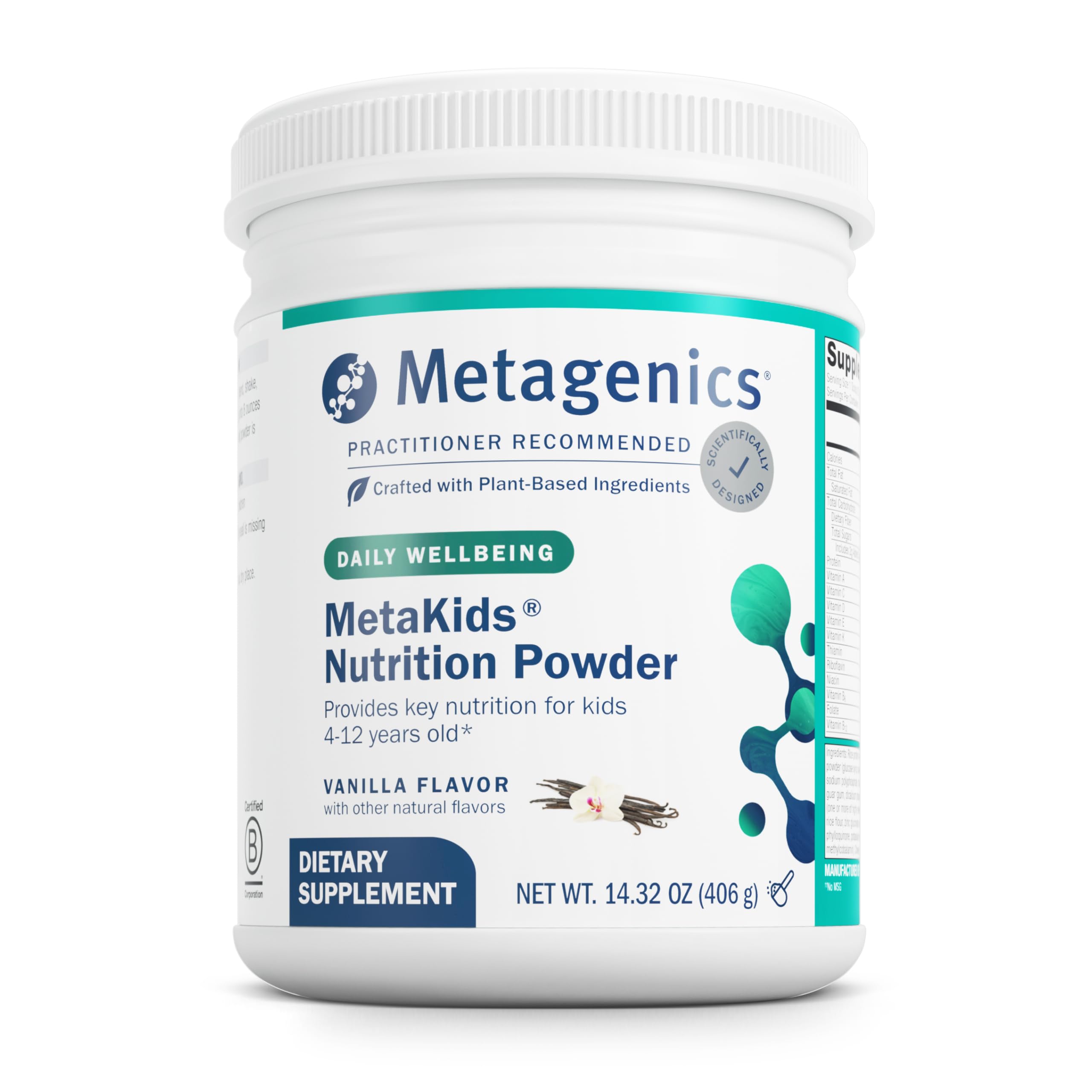 Metagenics MetaKids vanilla powder jar shows packaging for convenient daily nutrition.