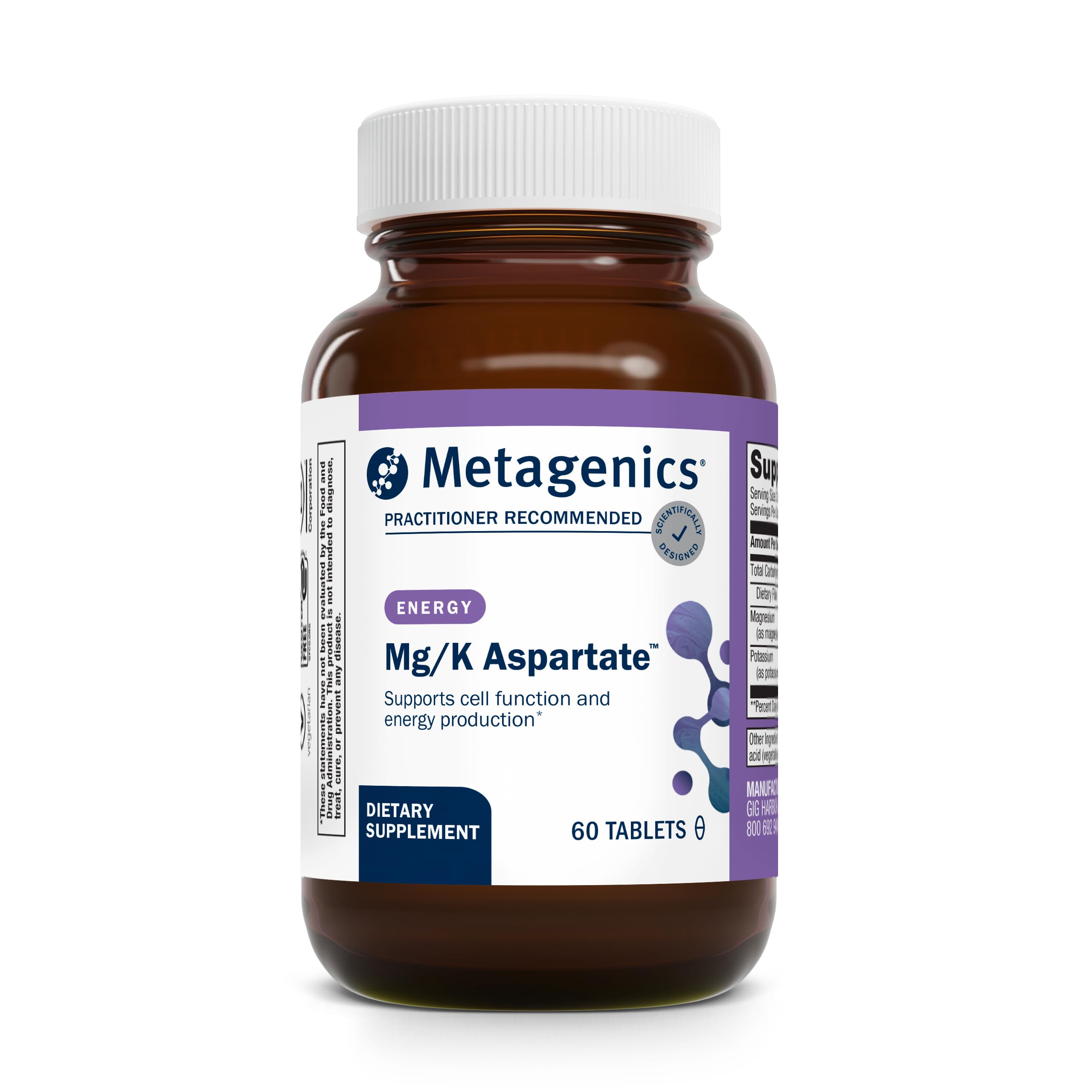 Metagenics Mg/K Aspartate bottle showing electrolyte support for active lifestyles.