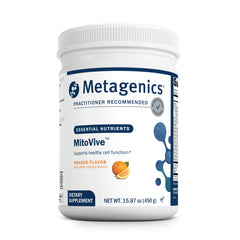 Metagenics MitoVive bottle front supports daily energy and resilience.