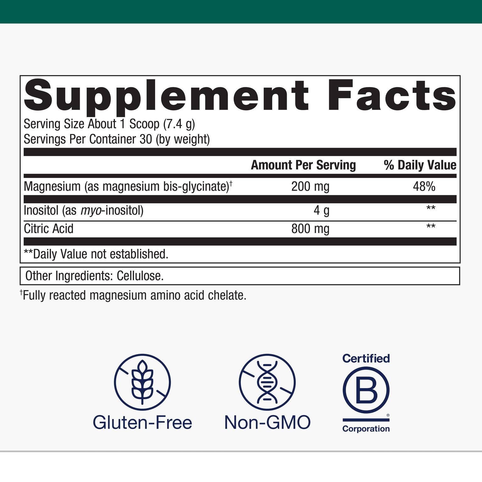 Metagenics Myo-Inositol Plus bottle label closeup highlights non-GMO vegan formula.