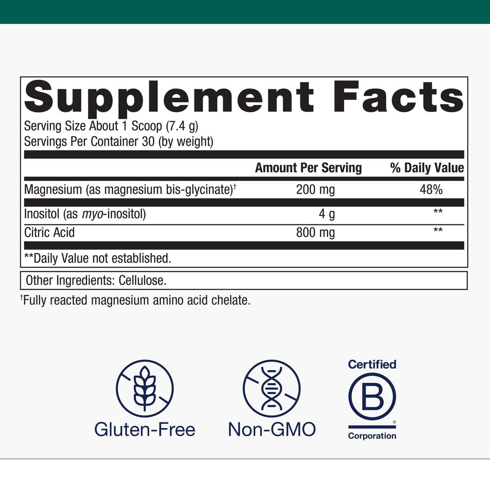 Metagenics Myo-Inositol Plus bottle label closeup highlights non-GMO vegan formula.