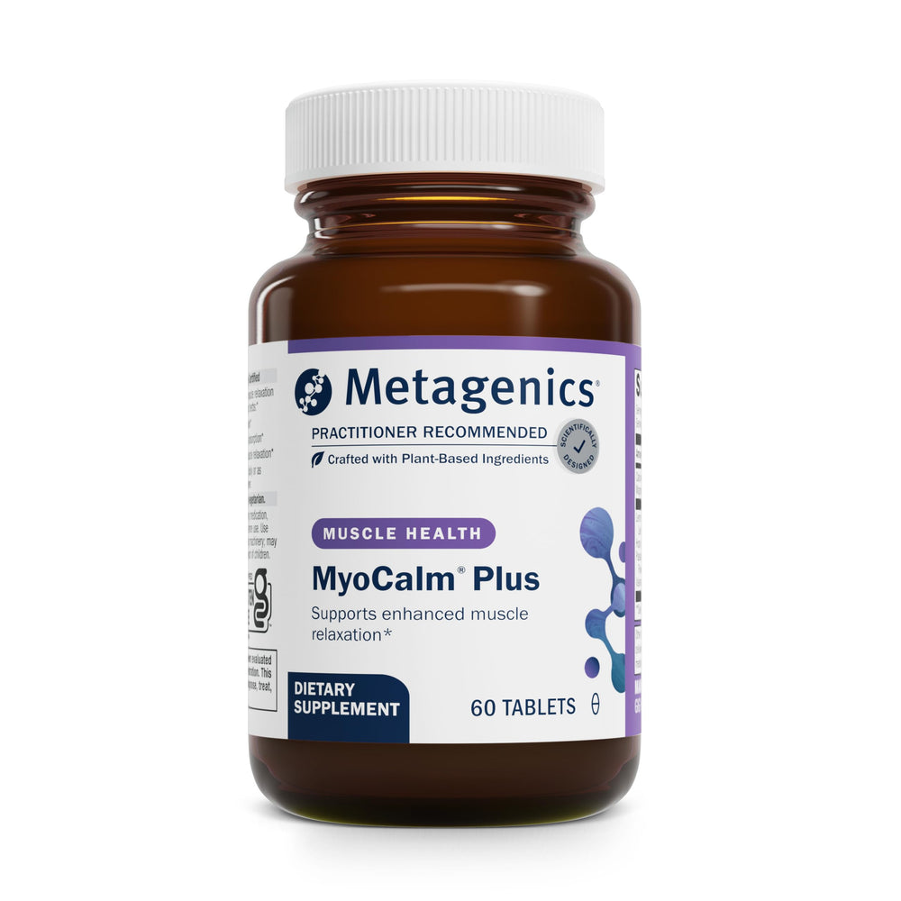 Metagenics MyoCalm Plus bottle front for convenient relaxation support.