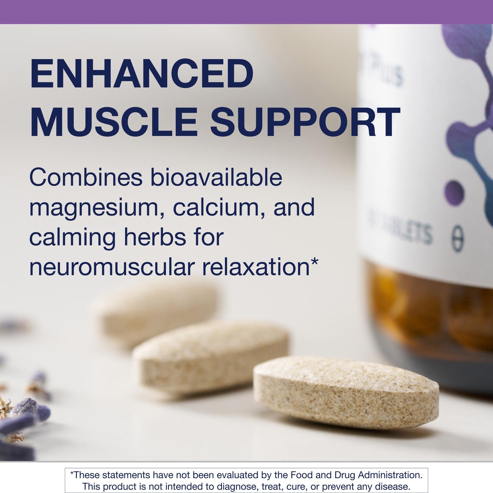 MyoCalm Plus herbal blend panel highlighting passionflower, valerian, hops.