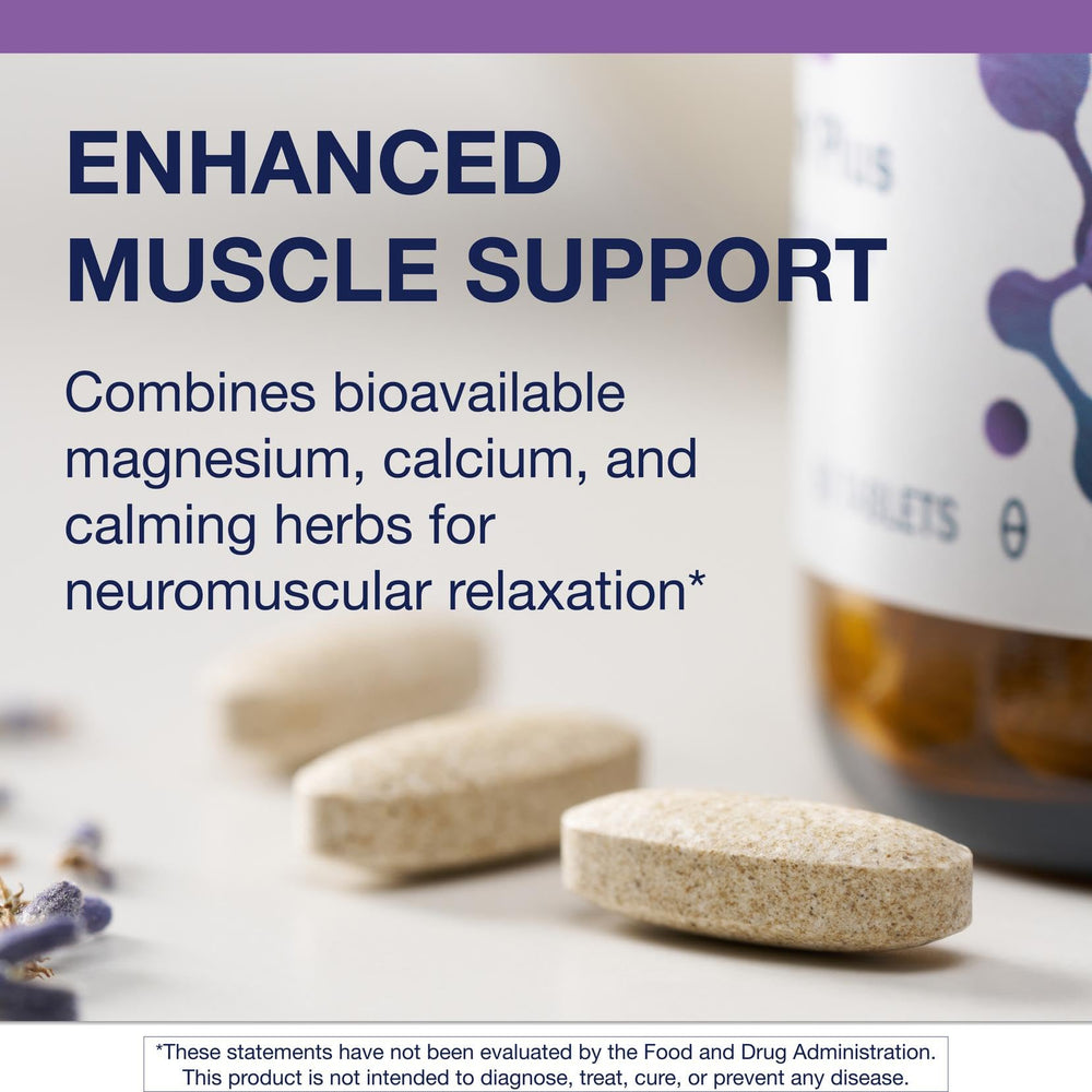 MyoCalm Plus herbal blend panel highlighting passionflower, valerian, hops.