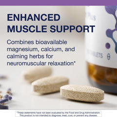 MyoCalm Plus herbal blend panel highlighting passionflower, valerian, hops.