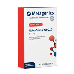 Metagenics NutraGems CoQ10 bottle front with chewable gels for convenient heart-supporting supplements.