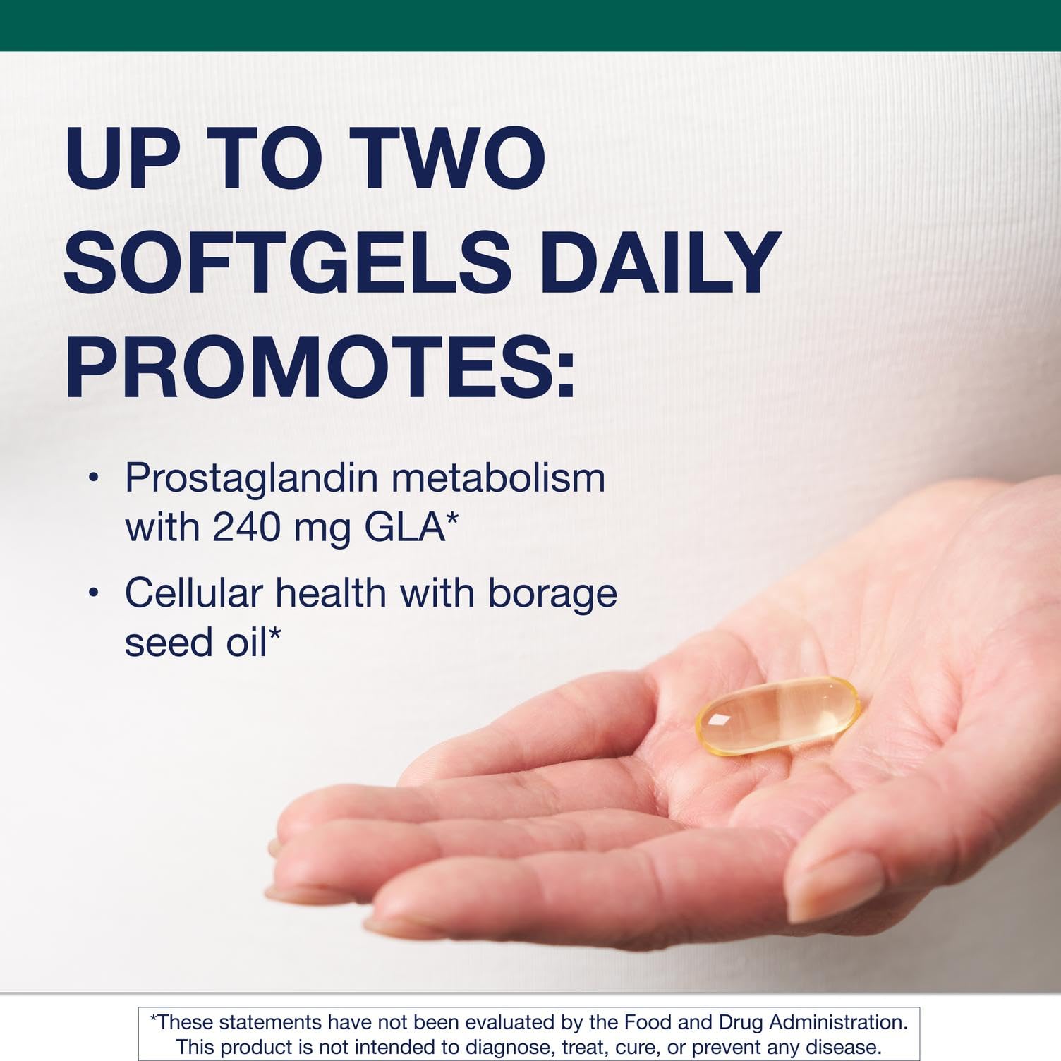 Metagenics OmegaGenics Borage Seed GLA Oil softgels being poured for easy swallowing