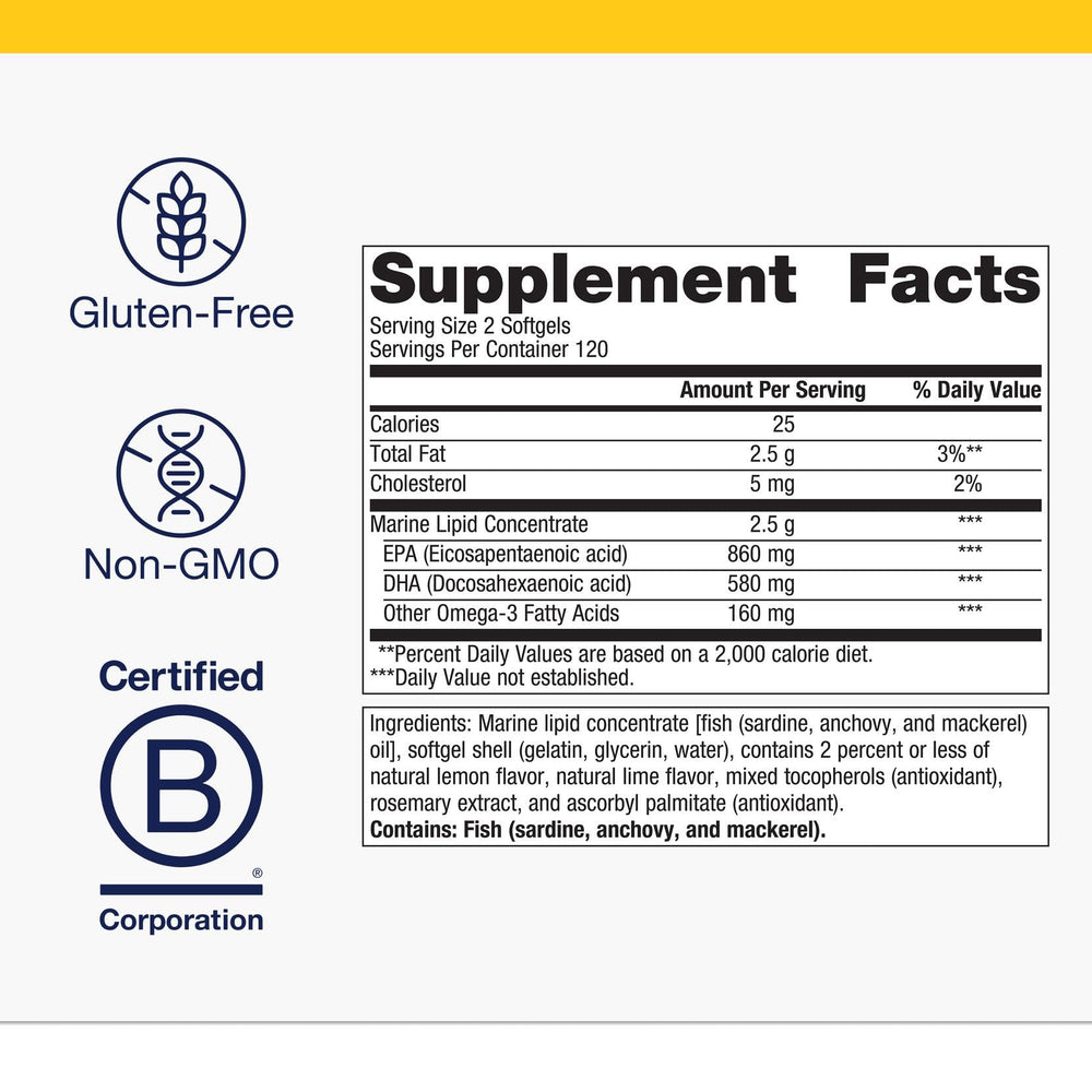 Metagenics OmegaGenics bottle label highlighting purity testing and sustainability.