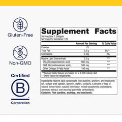 Metagenics OmegaGenics bottle label highlighting purity testing and sustainability.