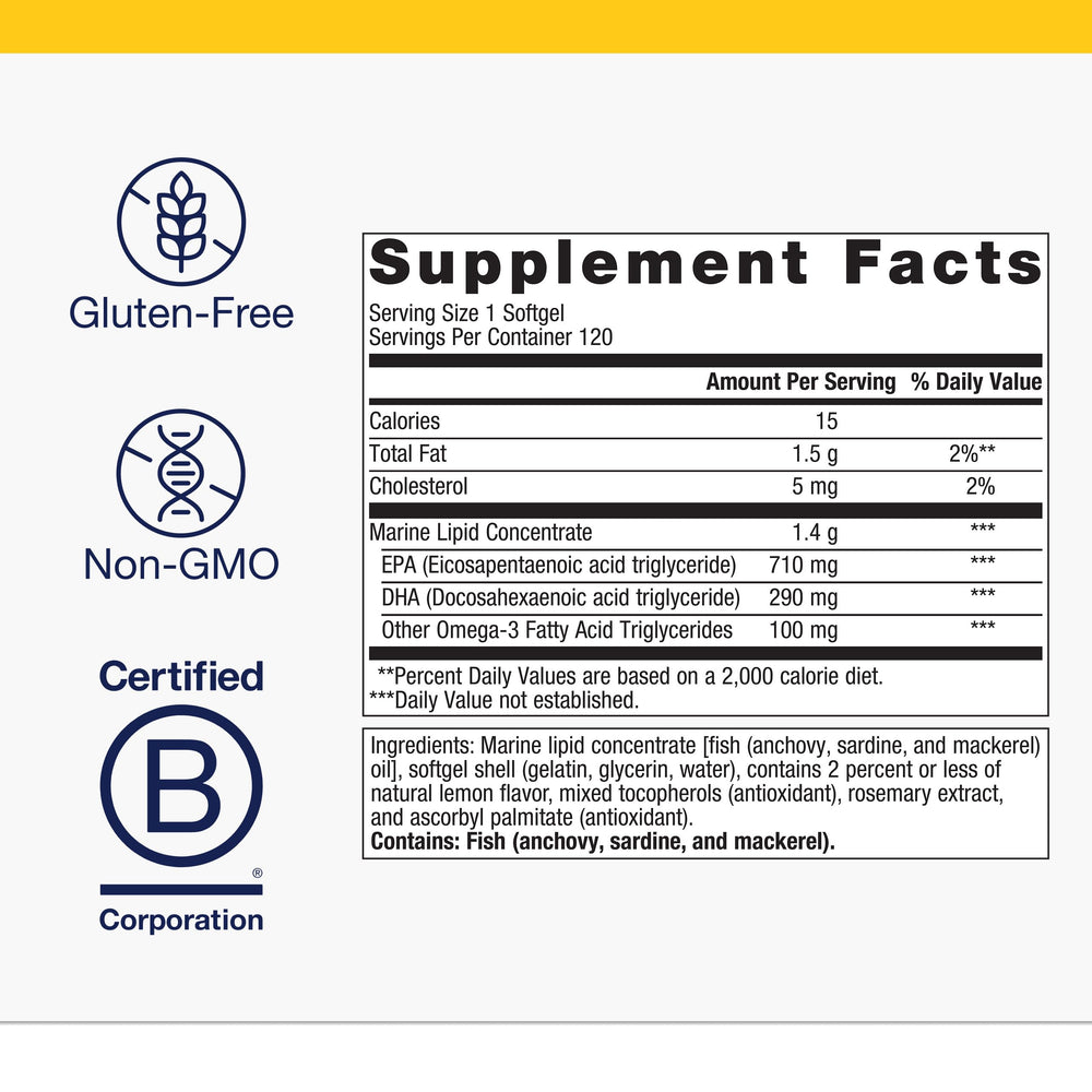 Metagenics OmegaGenics softgels close-up illustrating easy-to-swallow capsules with potential joint and immune benefits
