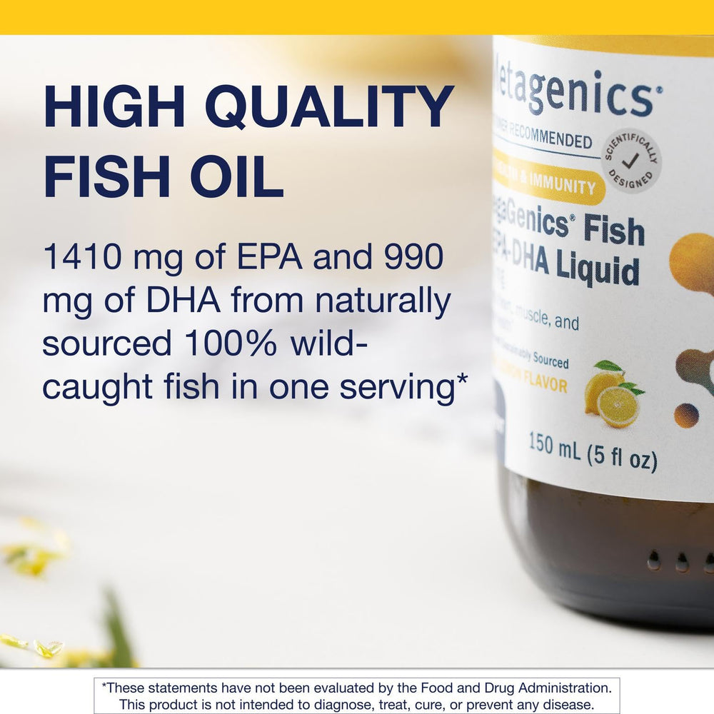 Metagenics OmegaGenics EPA-DHA 2400 third-party testing seal ensures freshness.