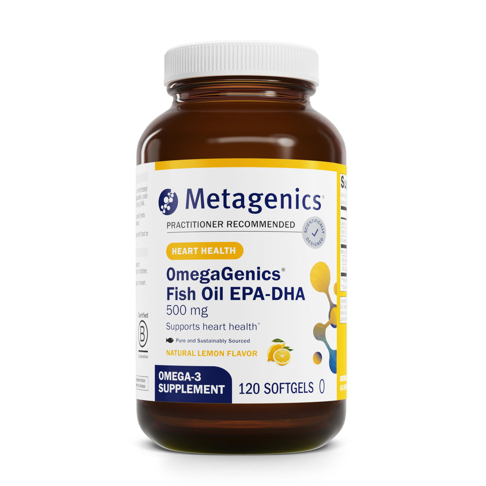 Metagenics OmegaGenics EPA-DHA 500 bottle shows high potency fish oil for heart health