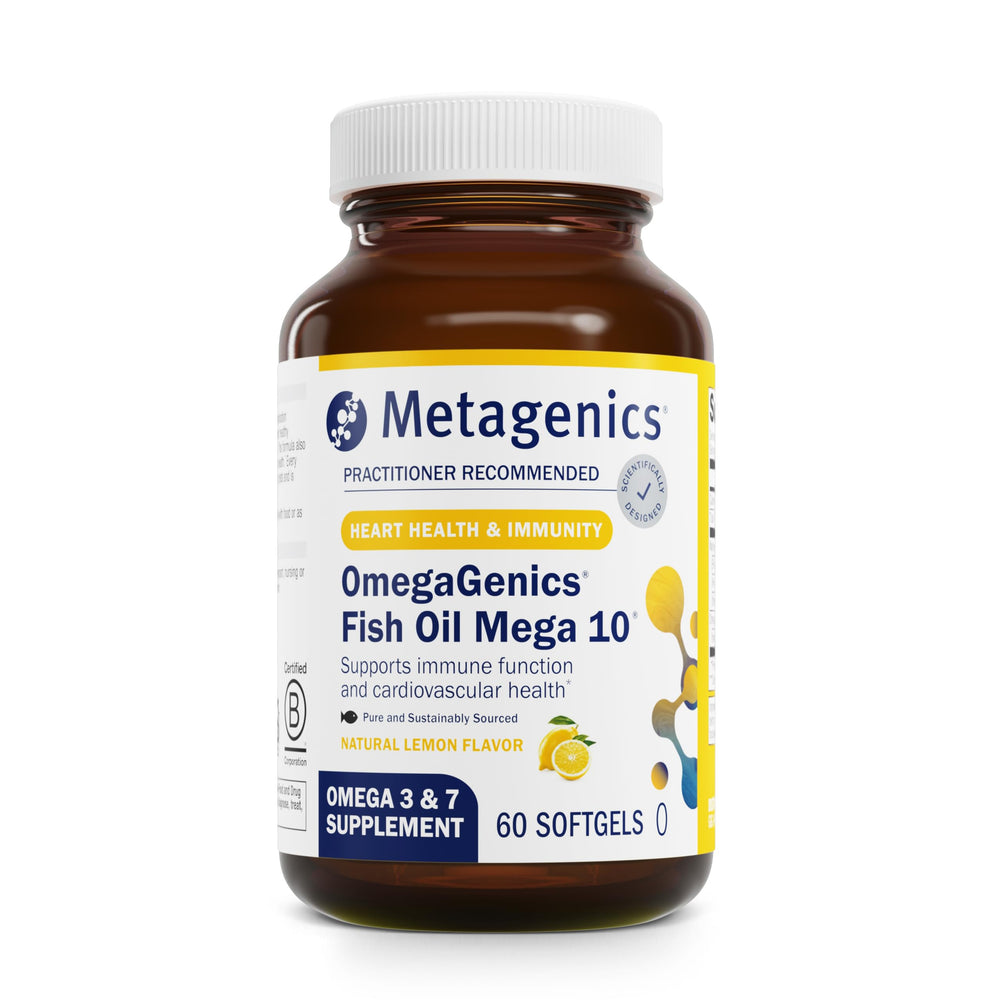 Metagenics OmegaGenics Mega 10 bottle front view for overall wellness support