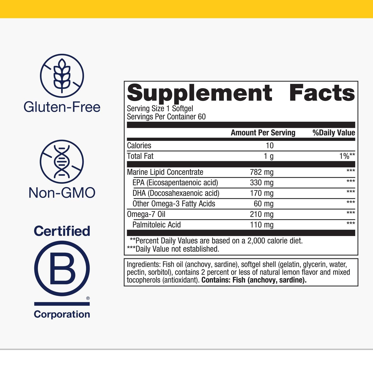 Metagenics OmegaGenics Mega 10 softgels close-up showing EPA and DHA content