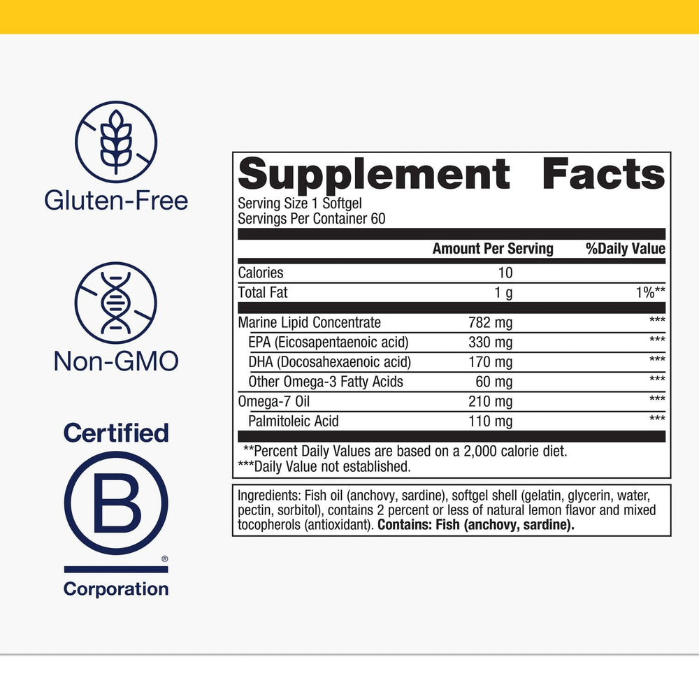 Metagenics OmegaGenics Mega 10 softgels close-up showing EPA and DHA content