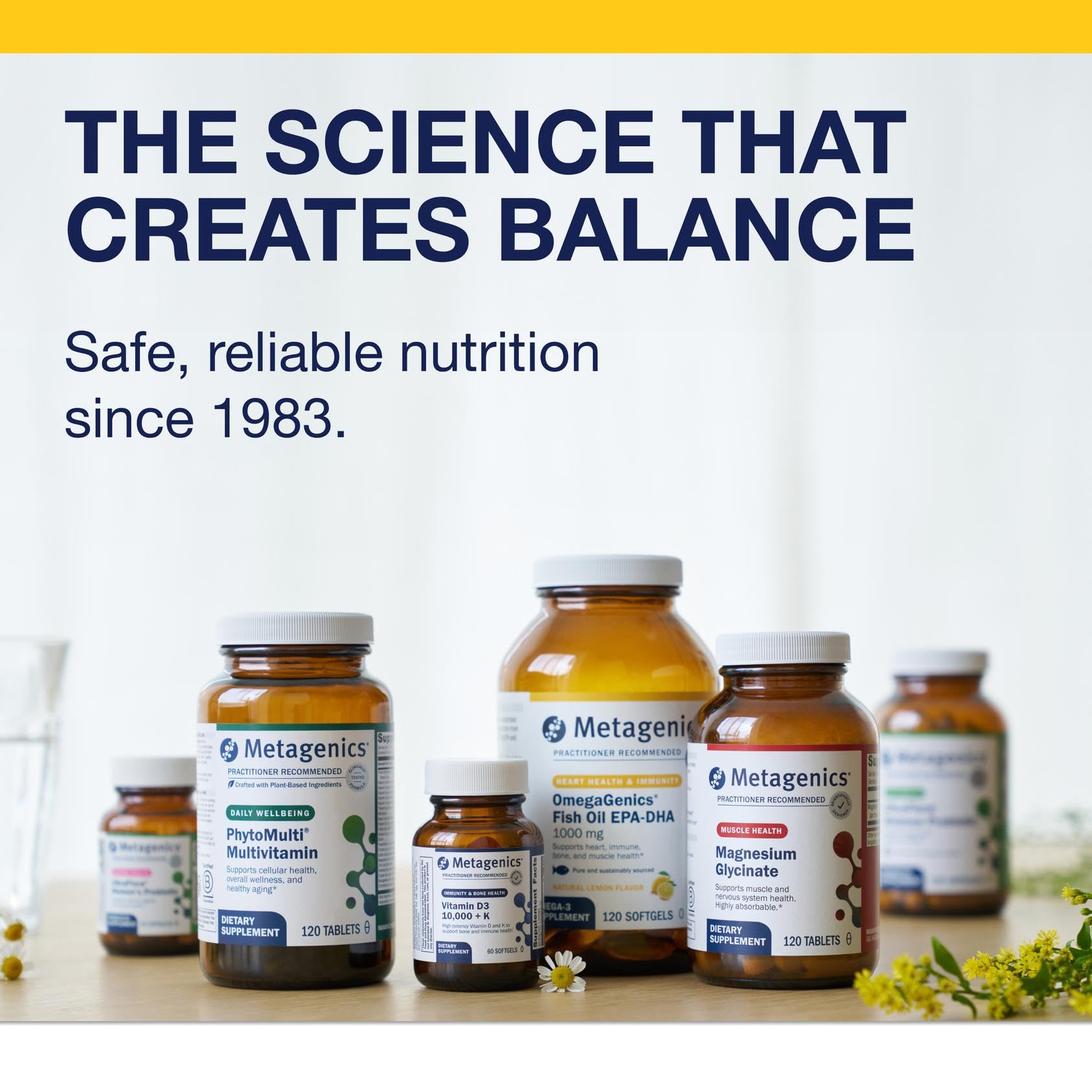 Metagenics OmegaGenics lifestyle shot with daily routine and softgels