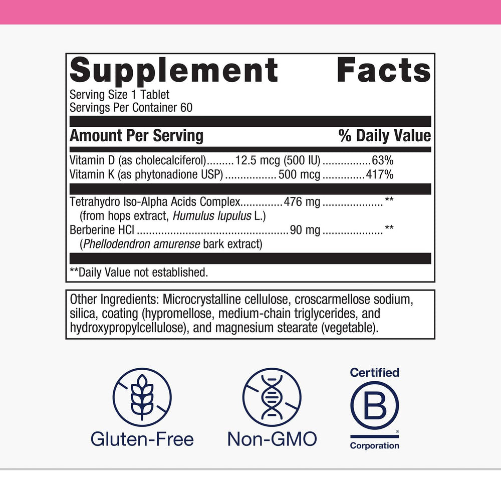 Metagenics Ostera bottle back shows ingredients like berberine and vitamins D and K.