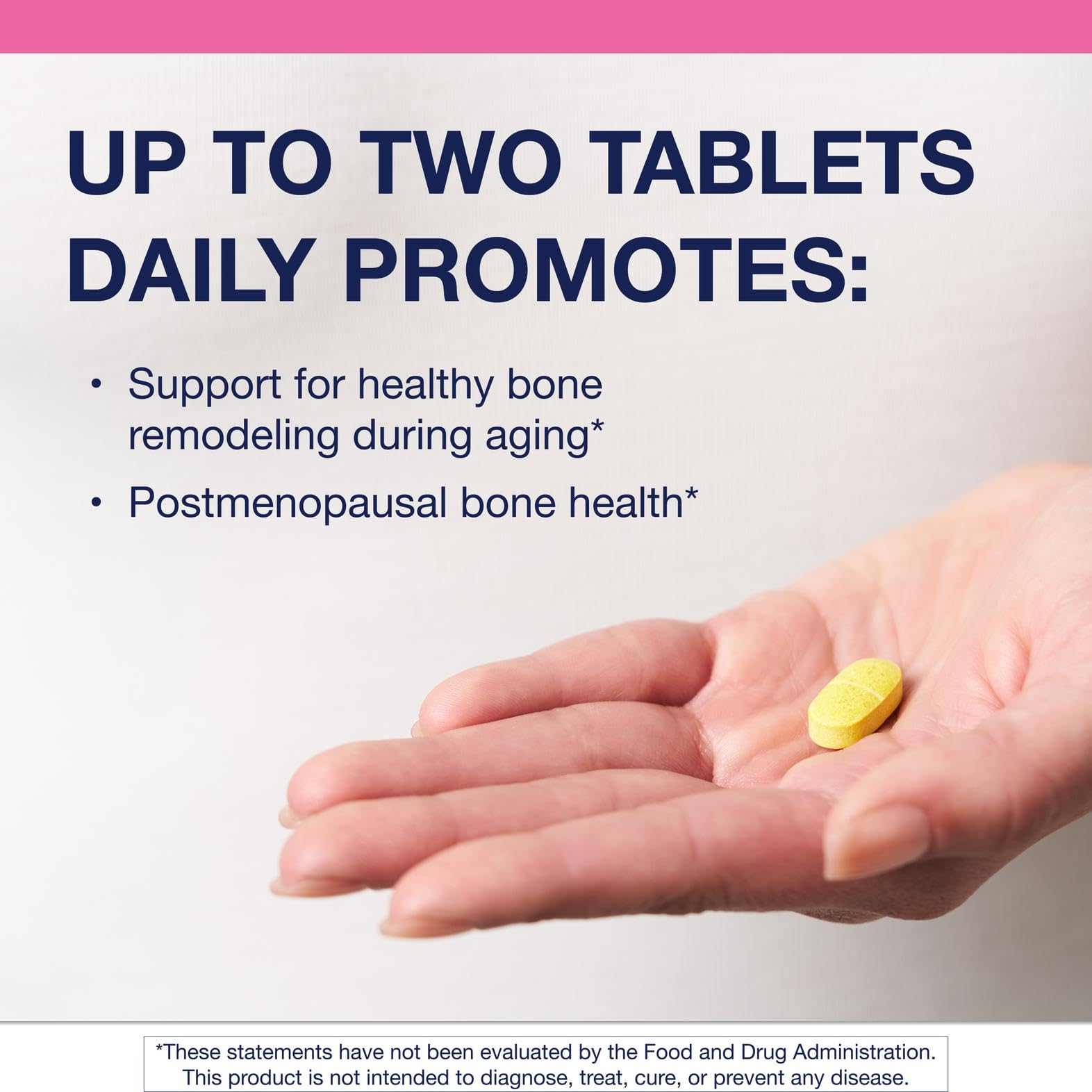 Close-up of Ostera tablets showing compact, easy-to-swallow bone-support tablets.