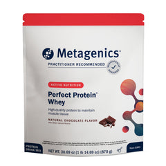Metagenics Perfect Protein chocolate tub closeup highlighting premium whey blend for recovery support