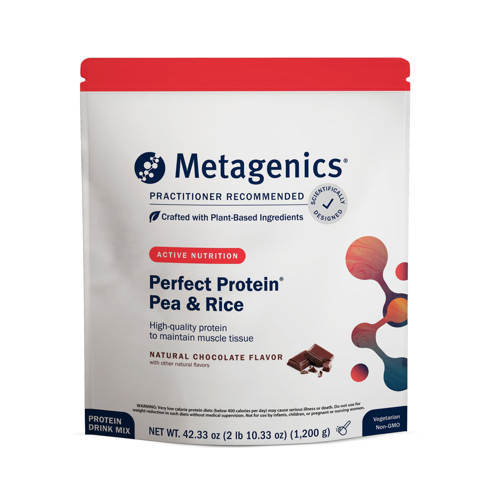 Metagenics Perfect Protein jar front view, chocolate flavor, plant-based protein boost.